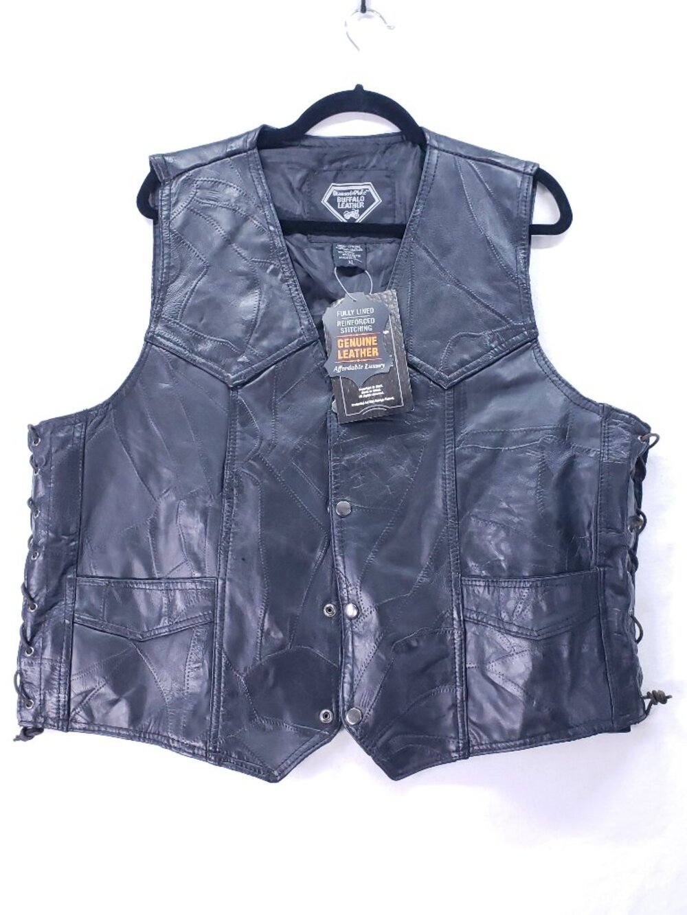 Diamond Plate Buffalo Leather Biker Vest Button Snaps Size XL Back Patch America